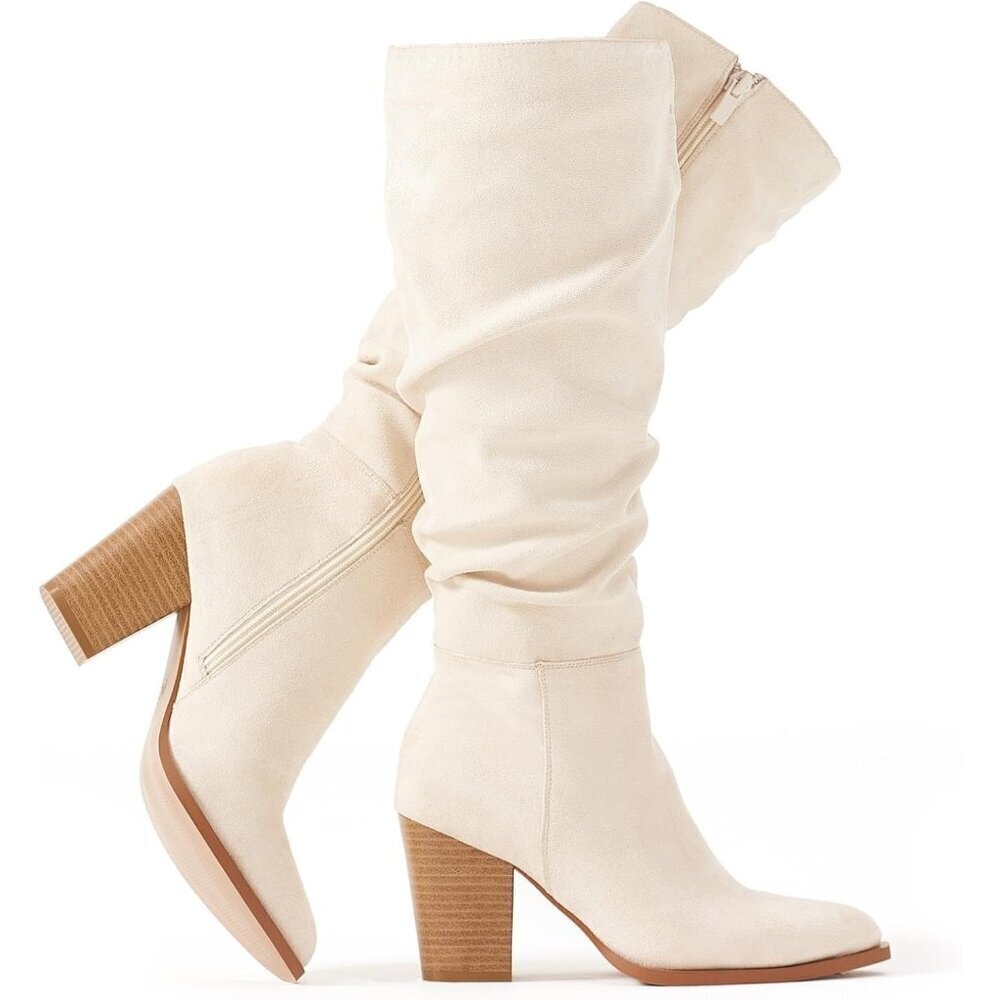 Women's Pointed Toe Knee High Faux Suede Slouch Beige High Boots Chunky Heels